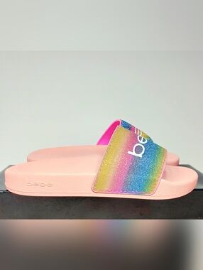 Bebe Fraida Rainbow Glitter Logo Slide Sandals Women's Size 6 NWT Beach Colorful